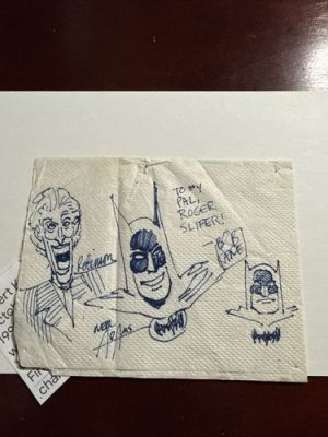 Original art sketch Adams Bob Kane Robinson on Napkin Joker Batman Silfer estate