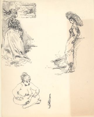 Roy Krenkel | Nice Krenkel Full Page of Ink Sketchs - Nude Zaftig Woman Confronts Elf + 2 Views of Woman with Large Hat - Frazetta Collaborator | Koch Comic Art