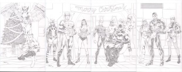 Ricardo Silva | Dc Superheroes Celebrate Christmas 4Pc Connecting Art - Signed | Anthony’s Comic Book Art