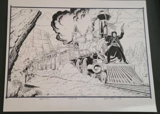 Arthur Adams | Arthur Adams Original Art, Black Guns, Western Train Robbery, 11X14, 1999 | ComicArtFans Classifieds