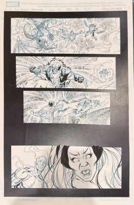 Davis Yardin, Jay Leisten | Black Panther #9 Page 15 Original Art - Wolverine in 3 Panels, Storm & Iceman - David Yardin / Jay Leisten - Wild Kingdom - Inks Over Blue Lines | ComicArtFans Classifieds