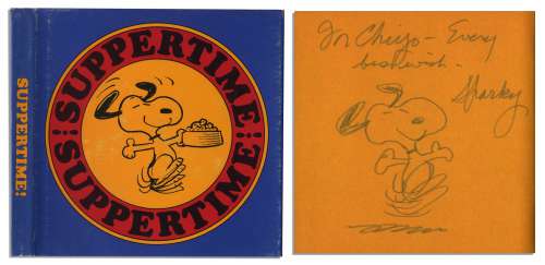 Charles Schulz Hand-Drawn Sketch of Snoopy, Within His Signed ’’Peanuts’’ Foodie Theme Book -- ’’Suppertime’’ | Nate Sanders