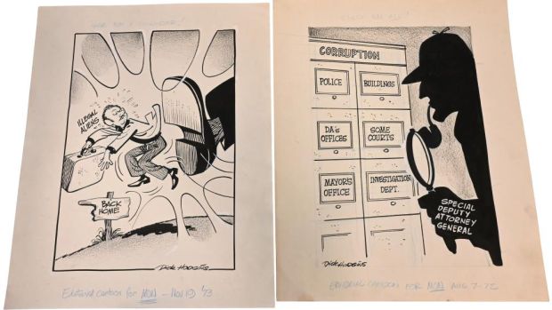Lot 70 - 10 Dick Hodgins (American 20th Century), Original Editorial Cartoons Ten original pen and ink editorial cartoons on… | misc / divers