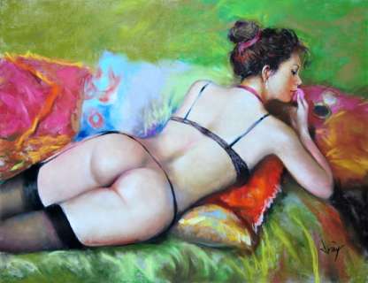 Domingo Ãlvarez GÃ³mez - Dibujo al pastel - Chica Tumbada - Un travail unique - (2019) | Catawiki