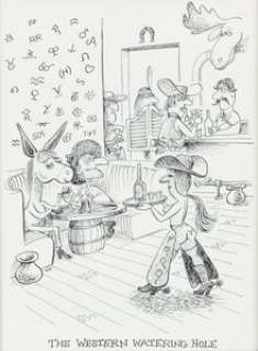 Virgil Partch "The Western Watering Hole" Men‘s Magazine Single Panel Gag Cartoon Illustration Original Art (c. 1980s).