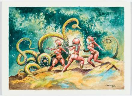 Don Marquez - Retro Rocket Girls vs Space Monster Painting Original Art (2016).