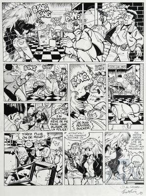De Lazare Et Walthéry / Rubine. Planche Originale N°45 Du 1E Album "Les Mémoires Troubles" Qui Illustre Une Scène D’action Très Réussie Ou L’inspecteur Rubine Killarney Fait Parler Son Révolver… Superbe Mise En Scène Qui Illustra La Maîtrise Technique Du Duo D’artistes. Signé Par Les 2 Auteurs Et Daté 1993. Encre de Chine Et Mine de Plomb. Tbe+. Rare. 35 X 45 Cm | Lot 513 : De Lazare et Walthéry / Rubine. Planche originale n°45 du 1e album… | Dagoty