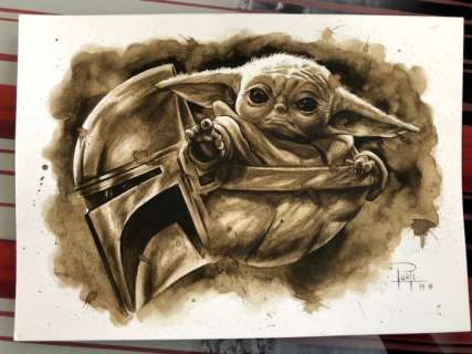 Original Coffee Painting - THE CHILD (Baby Yoda, The Mandalorian) - Original Art (2019) | Catawiki