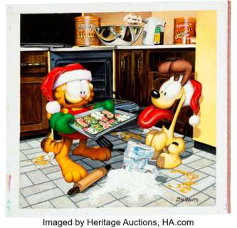 Jim Davis Studio | Jim Davis Studio - Garfield and Odie making Christmas Cookies Painting Original Art (c.2000’s).... | Heritage