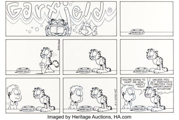 Jim Davis Garfield Sunday Comic Strip Original Art dated 4-8-01 (PAWS, 2001). | Heritage