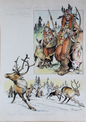 FRANCO CAPRIOLI - Illustrazione della serie ‘I costumi attraverso i millenni : paleolitico superiore, passaggio delle renne in Inverno’ . Matita , china e acquarello su cartoncino. Dimensioni 37 x 53 . Firmata