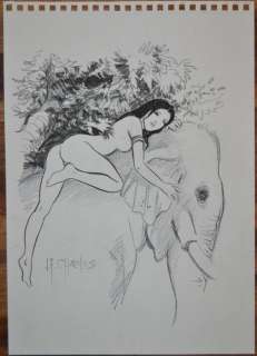 India Dreams - Crayon et eau - Carnet de dessins, Avatara nue couchée sur l’éléphant | Catawiki