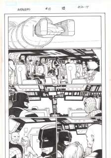 John Romita Jr., Klaus Janson - avengers #10 p. 18 - noh-varr, spider-man, hawkeye, iron man, fantastic four, luke cage, and others on crowded jet - 2011