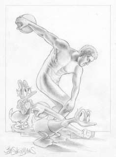 Bas Heymans | Bas Heymans - Originele tekening - " Donald Duck met grieks beeld als discuswerper" - Exemplaire unique | Catawiki