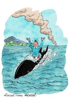 Yves Rodier - Lot 476 - Tintin, Le Trésor de Rackham le Rouge, dessin original à l’encre de chine et à l’aquarelle en hommage à Hergé.