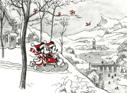 Tony Fernandez, Disney Artist | Mickey & Minnie Inspired by Pieter Brueghel "Hunters in the Snow" (1565) - Original Painting - Signed by Tony Fernandez - Acrylic Art | Catawiki