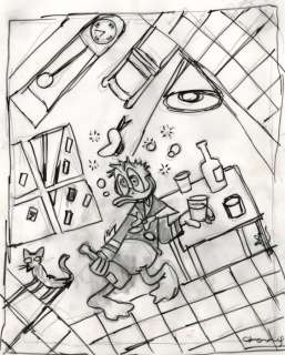 Tony Fernandez, Disney Artist | Donald Duck inspired by Dali’s "Madrid Drunk Man" (1922) - Original Preliminary Sketch - Tony Fernandez Signed | Catawiki