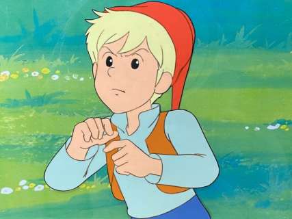 Hisayuki Toriumi, Studio Pierrot | The Wonderful Adventures of Nils (1980) - Original Animation Cel and drawing of Nils Holgersson, with printed background | Catawiki