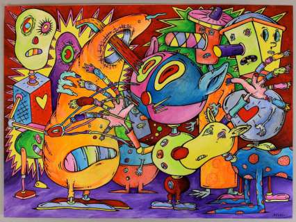 Pyon,  Jacques - PYON, Jacques   PYON, Jacques  Illustration couleur "Souris/chien/robot"