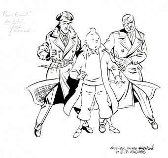 Yves Rodier - Lot 373 - Tintin et Blake et Mortimer, dessin original à l’encre de chine en hommage à Hergé et Jacobs.