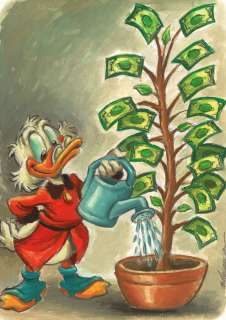 Joan Vizcarra | Uncle $crooge Watering His Money Plant - Original Painting - Joan Vizcarra - Acrylic Art - Original Artwork | Catawiki