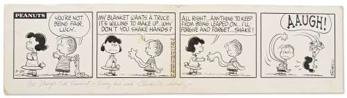 Charles Schulz Hand-Drawn ’’Peanuts’’ Comic Strip from 1965 -- Linus’ Blanket Gets Revenge on Lucy | Nate Sanders