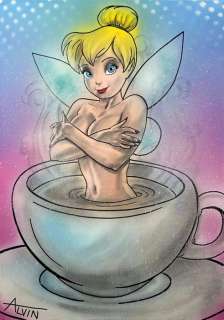 Alvin Silvrants | Sexy Tinkerbell hot coffee bath - Original painting in colour by Alvin Silvrants | Catawiki