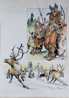 Franco Caprioli - Illustrazione della serie ‘I costumi attraverso i millenni : paleolitico superiore, passaggio delle renne in Inverno’