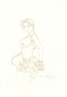 Andy Park - tomb raider pencil art on the back of color print - 2000 signed