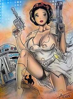 Alvin Silvrants | Sexy Snow White as Princess Leia with R2D2 - Original drawing in colour by Alvin Silvrants | Catawiki