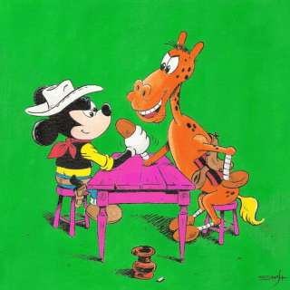 Jordi Juan | Mickey Mouse and his Horse Tanglefoot: Tribute To Lucky Luke By Morris - Original Painting - Jordi Juan Pujol - Signed - Watercolor Art - Original Artwork | Catawiki