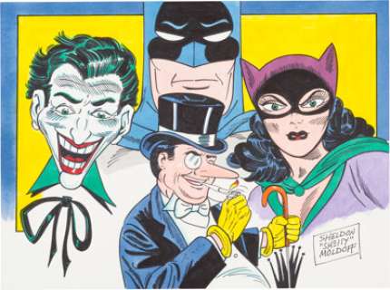 Sheldon Moldoff - Batman, Catwoman, Joker, and Penguin Illustration Original Art (undated). Silver Age -