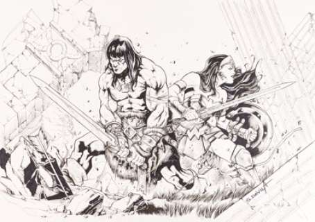 Sergio Davila - Conan and Wonder Woman Illustration Originale (2019). Sergio Davila Conan and Wonder Woman Original Art Illustration (2019).