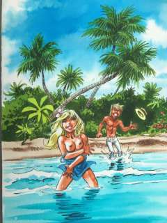 Dany | Dany - Dessin original couleur - Olivier Rameau et Colombe heureux sur la plage | Catawiki