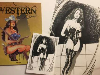 Girod, Thierry | Girod, Thierry - Dessin original + ex-libris - Western Corset - Pin-up au fouet - (2007) | Catawiki