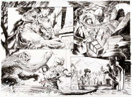 Bernie Wrightson House of Mystery #9 Dr. Frankenstein, Werewolf, and others Double Page Spread 3-4 Original Art (DC, 2009).