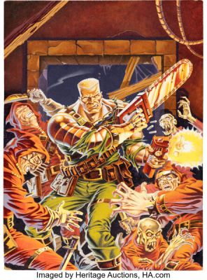 Brett Ewins and Chris Baker Chainsaw Warrior Board Game Box Painting Original Art (Games Workshop, 1987).