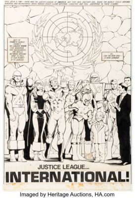 Keith Giffen, Kevin Maguire, and Al Gordon Justice League International #7 Splash Page 38 Original Art (DC, 1987).
