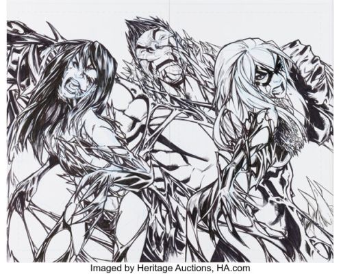 Humberto Ramos Champions #1 and Amazing Spider-Man #19 Mary Jane, Hulk, and Black Cat Connecting Variant Covers Original Art (Marvel, 2016). | Heritage