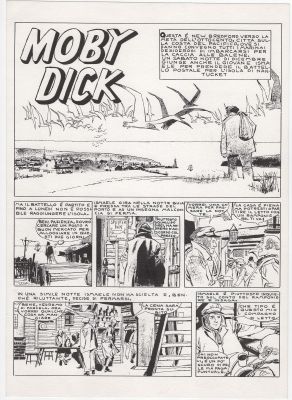 DINO BATTAGLIA - Storica pagina titolo per Moby Dick con il lettering originale fatto dallo stesso Battaglia, sostituito nelle edizioni successive. Non servono parole per illustrare uno dei capolavori del fumetto italiano del ‘900, pubblicato per la prima volta nel 1967 sulla rivista ‘Sergente Kirk’ Dimensioni cm. 25 x 35,5