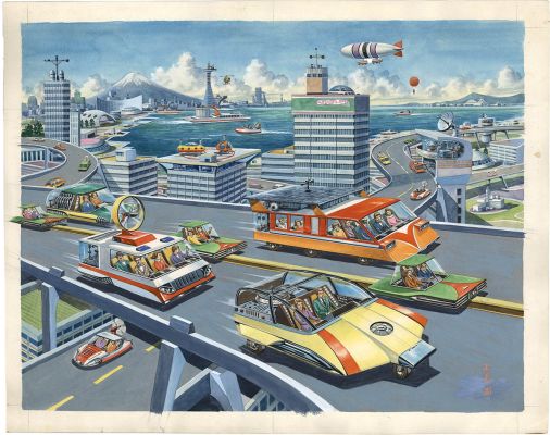 Masami Watanabe’s hand-drawn color illustration "Future Vehicles" | Mandarake (Big Web)
