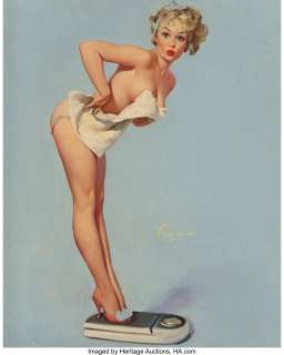 Gil Elvgren (American, 1914-1980). A Weighty Problem, calendar illustration, 1960. Oil on canvas. 30 x 24 inches (76...