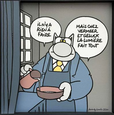 Philippe Geluck - Lot 395 - Le Chat et la lumière de Vermeer, Acrylique sur toile grand format, limité et signé à 40 exemplaires. Avec sa lumière LED pour éclairer l’oeuvre.