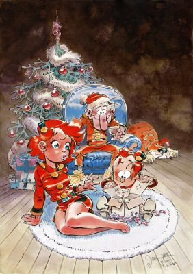 Dan Verlinden - Lot 506 - La famille Spirou fête Noël, dessin original à l’encre de chine et à l’aquarelle.