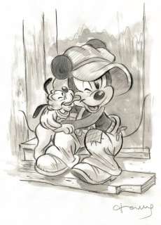 Tony Fernandez - Vintage Mickey Mouse with Baby Pluto - Inspired By Charles Chaplin’s “The Kid” - Original Watercolor | Catawiki