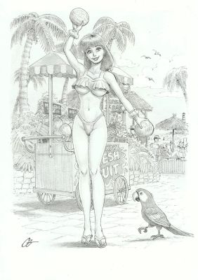 Joaquín Cera | Original erotic drawing – Beach girl | Origin Of Comics