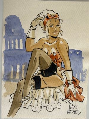 Meynet, Félix - 1 Original drawing - Dessin original préliminaire - Mirabelle en petite tenue à Rome