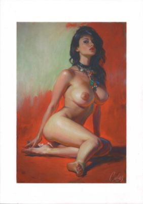 Calas, Jean-Michel - 1 Original drawing - Pin Up - Nu sur fond rouge - A4+ avec marge A3 - 2026 | Catawiki
