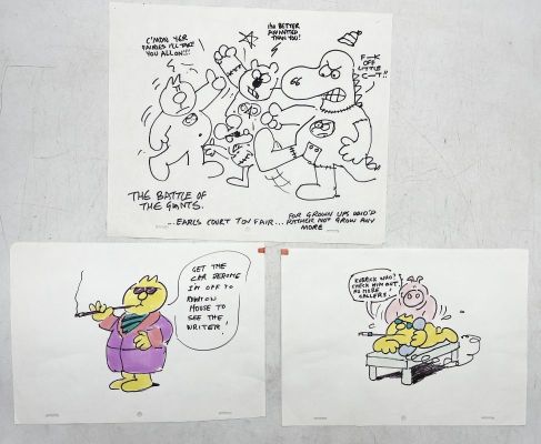 Three original Henrys Cat cartoon sketches including The Battle of the… | misc / divers