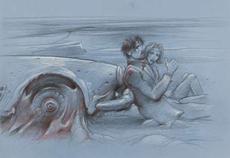 *Enki Bilal Né En 1951 La Couleur de L’air Fusain, Acrylique Et Pastel Sur Papier Bleu-Gris Pour La Case 4 de La Page 30 de Ce... | La Couleur de l’air | Artcurial